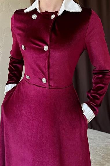 Bordo Yakası Taşlı Garnili Kadife Elbise