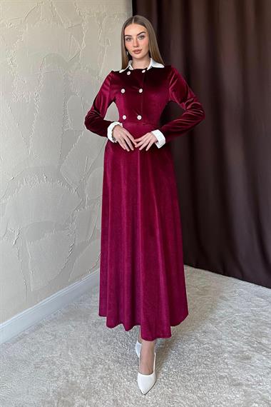 Bordo Yakası Taşlı Garnili Kadife Elbise