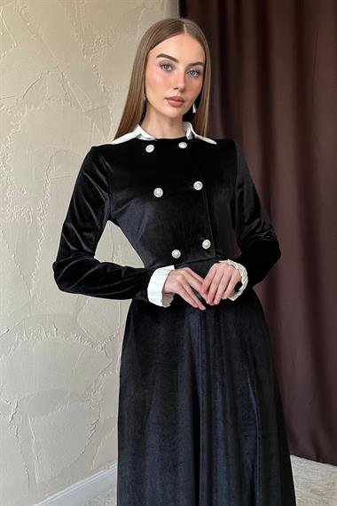 Siyah Yakası Taşlı Garnili Kadife Elbise