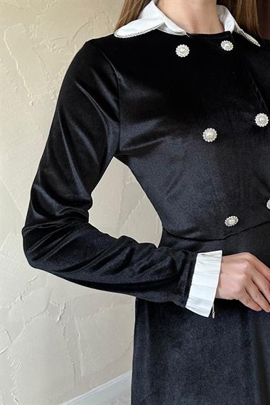 Siyah Yakası Taşlı Garnili Kadife Elbise