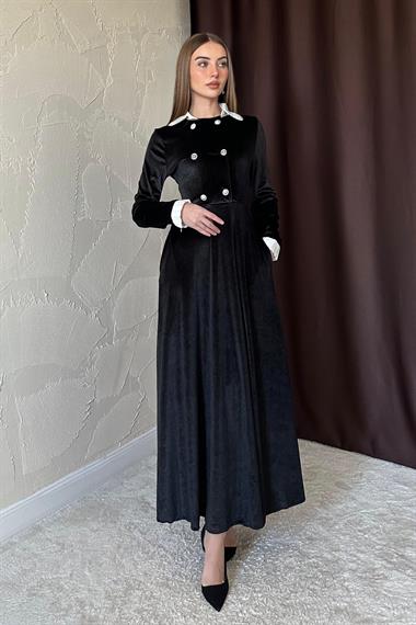 Siyah Yakası Taşlı Garnili Kadife Elbise
