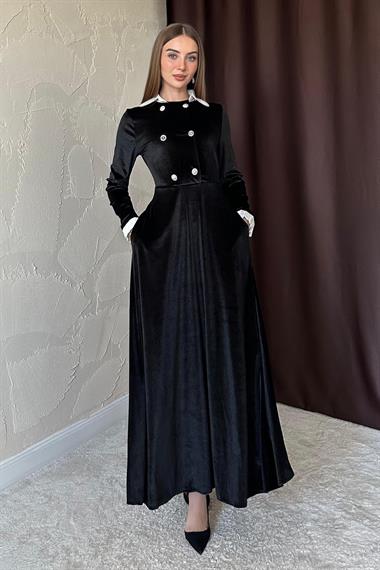 Siyah Yakası Taşlı Garnili Kadife Elbise