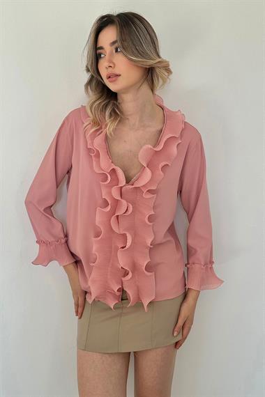 Pudra Yakası Volanlı Gömlek