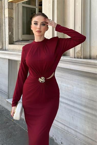 Bordo Yarım Boğazlı Yırtmaçlı Elbise