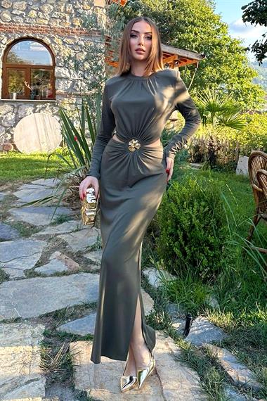 Haki Yarım Boğazlı Yırtmaçlı Elbise