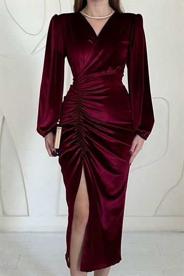 Bordo V Yaka Yırtmaçlı Kadife Elbise