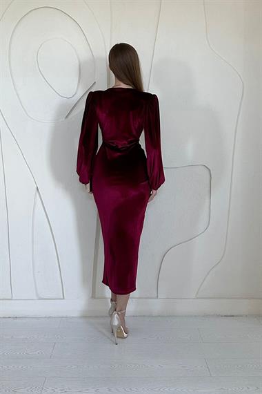 Bordo V Yaka Yırtmaçlı Kadife Elbise