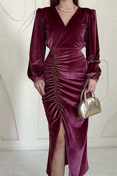Gül Kurusu V Yaka Yırtmaçlı Kadife Elbise