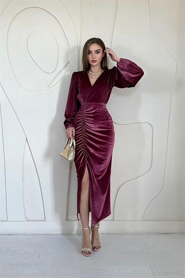 Gül Kurusu V Yaka Yırtmaçlı Kadife Elbise