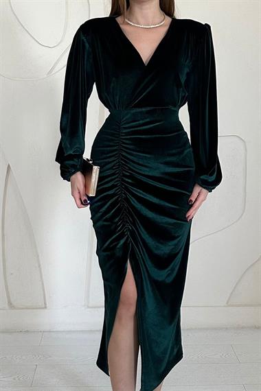 Zümrüt V Yaka Yırtmaçlı Kadife Elbise