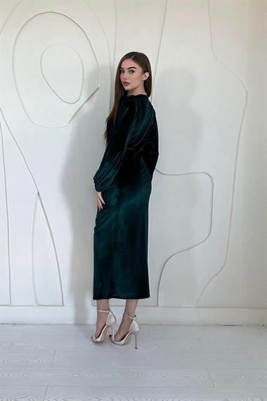 Zümrüt V Yaka Yırtmaçlı Kadife Elbise
