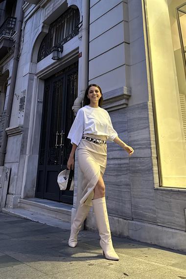 Yırtmaçlı Süs Patlı Deri Etek