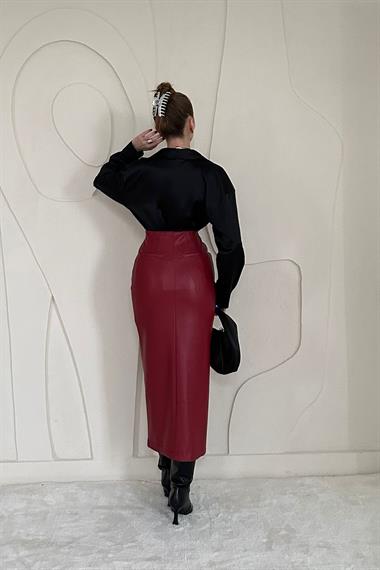 Yırtmaçlı Süs Patlı Deri Etek