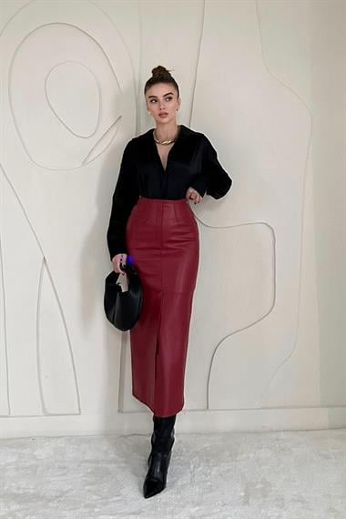 Yırtmaçlı Süs Patlı Deri Etek