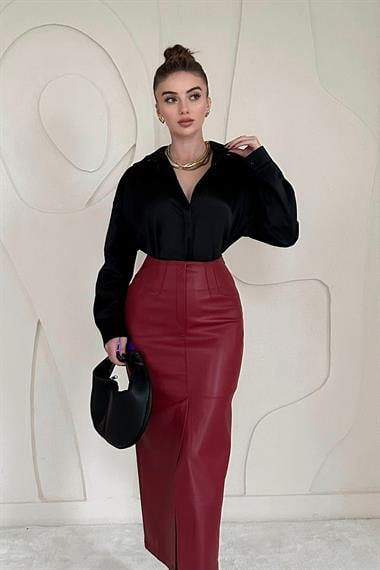 Yırtmaçlı Süs Patlı Deri Etek