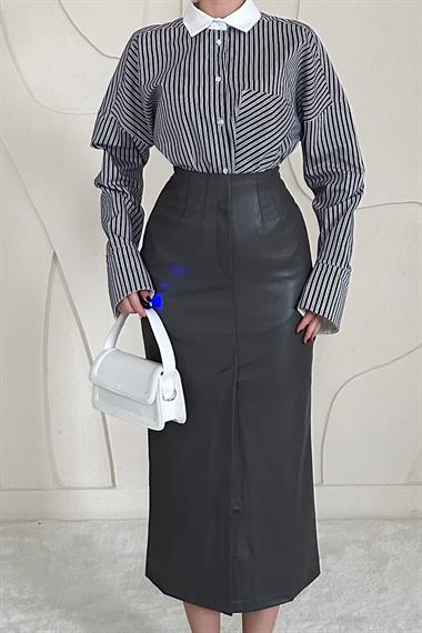 Yırtmaçlı Süs Patlı Deri Etek