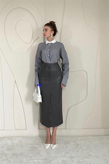 Yırtmaçlı Süs Patlı Deri Etek