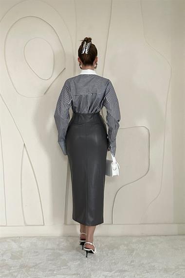 Yırtmaçlı Süs Patlı Deri Etek