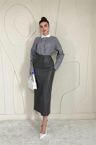 Yırtmaçlı Süs Patlı Deri Etek