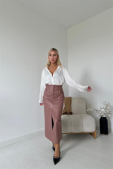 Yırtmaçlı Süs Patlı Deri Etek