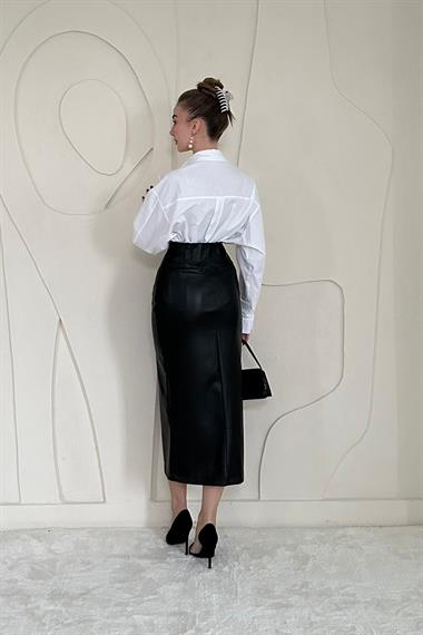 Yırtmaçlı Süs Patlı Deri Etek