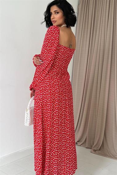 Kırmızı Yırtmaçlı Viskon Elbise