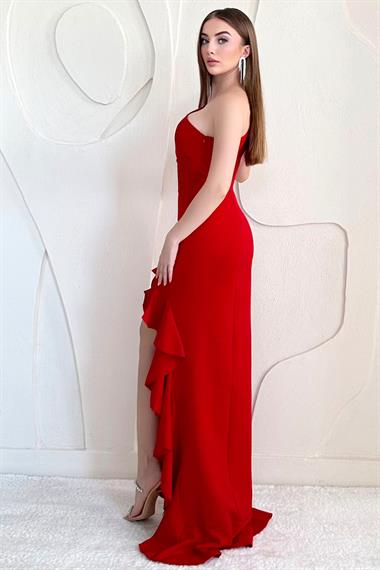 Kırmızı Yırtmaçlı Volanlı Elbise