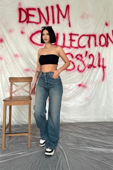 Yüksek Bel ve Geniş Paça Jeans Pantolon