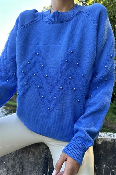 Mavi Boncuk İşleme Detaylı Triko Kazak