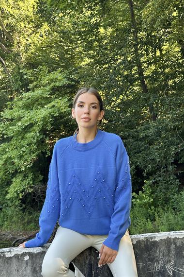 Mavi Boncuk İşleme Detaylı Triko Kazak