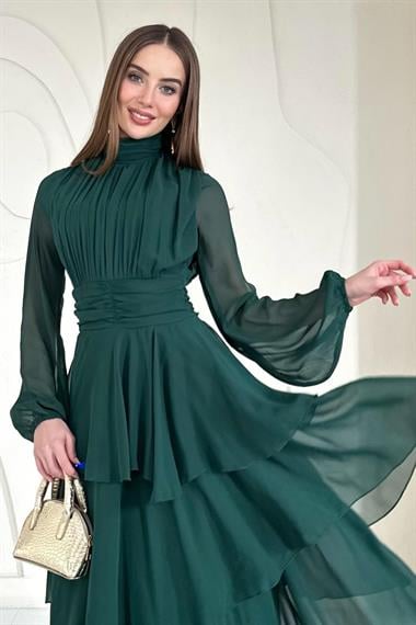 Zümrüt Dik Yaka Bel Detaylı Elbise