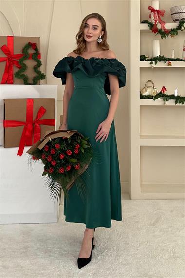 Omuz Büzgülü Saten Elbise