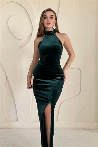 Zümrüt Omzu Açık Kadife Elbise