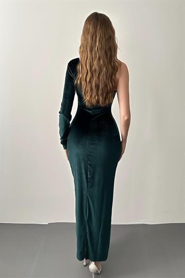 Zümrüt Tek Omuzlu Taş Askılı Elbise