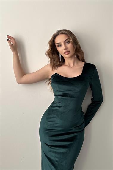 Zümrüt Tek Omuzlu Taş Askılı Elbise