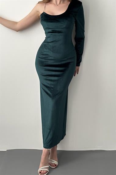 Zümrüt Tek Omuzlu Taş Askılı Elbise