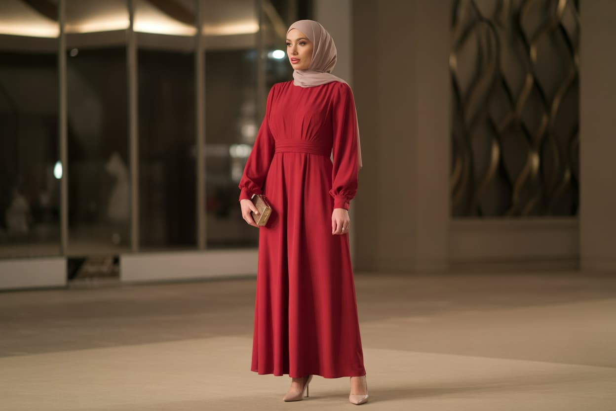 Kırmızı Elbise Tesettür Kombinleri