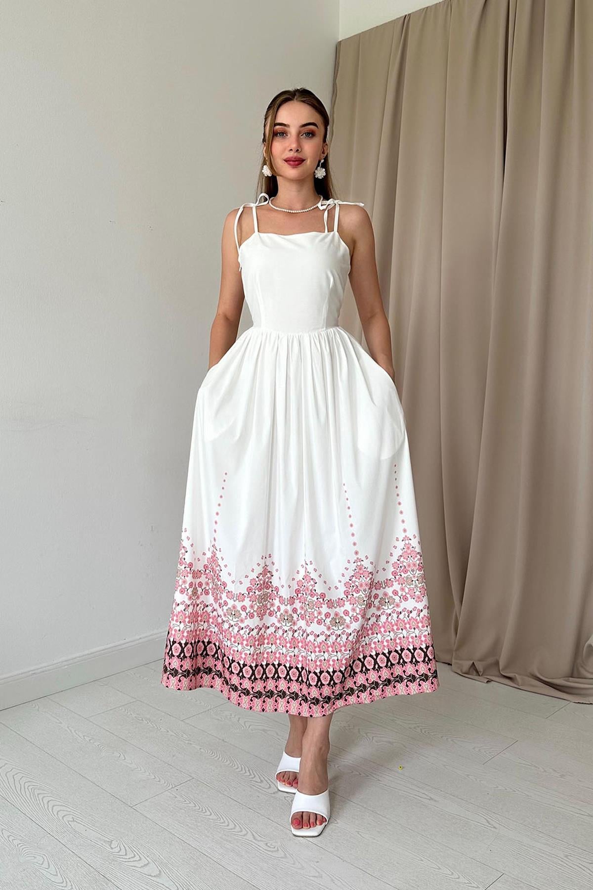 Baskı Detaylı Askılı Elbise - Beyaz 8114