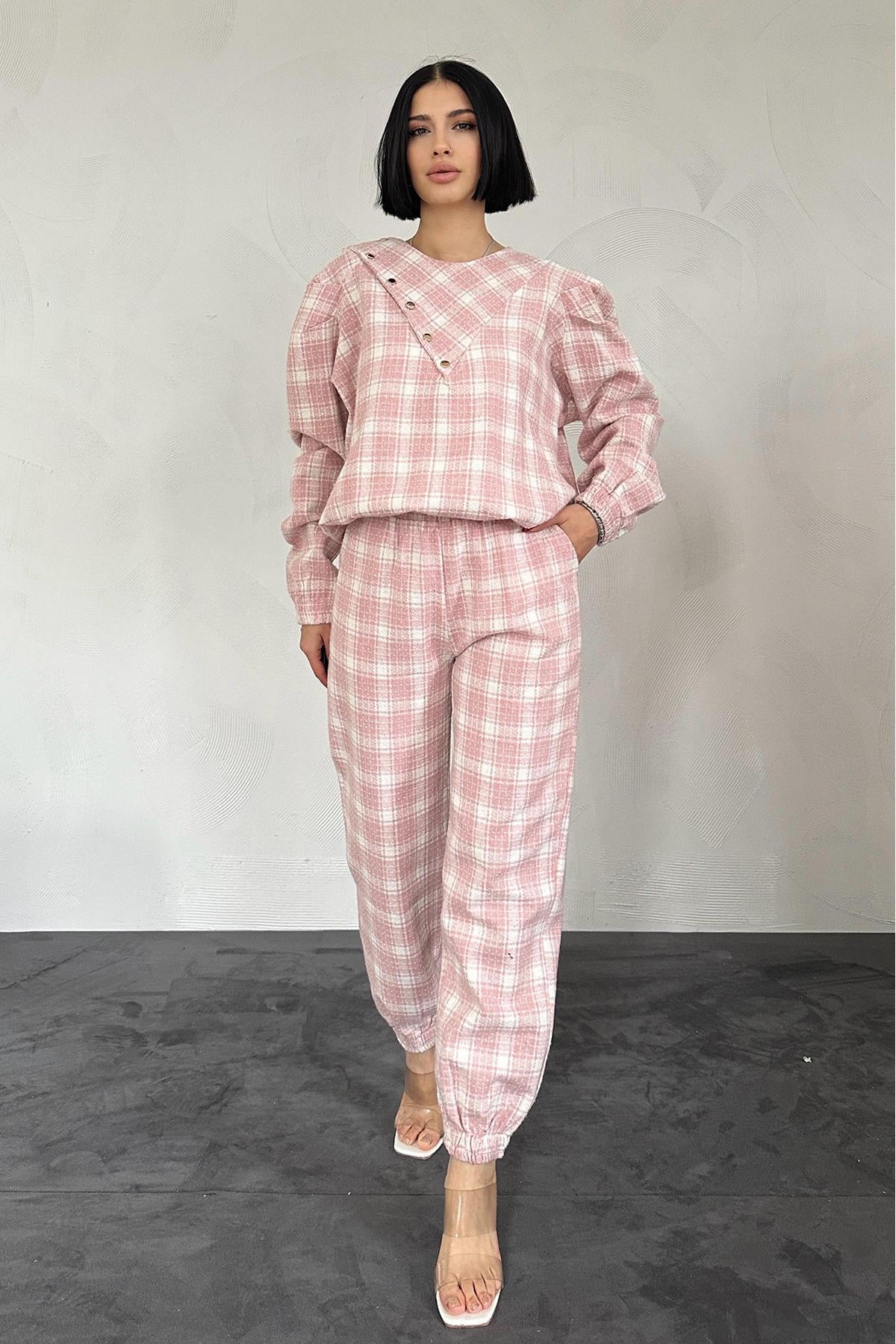 Beli Lastikli Bluz ve Pantolon Takım - Pembe