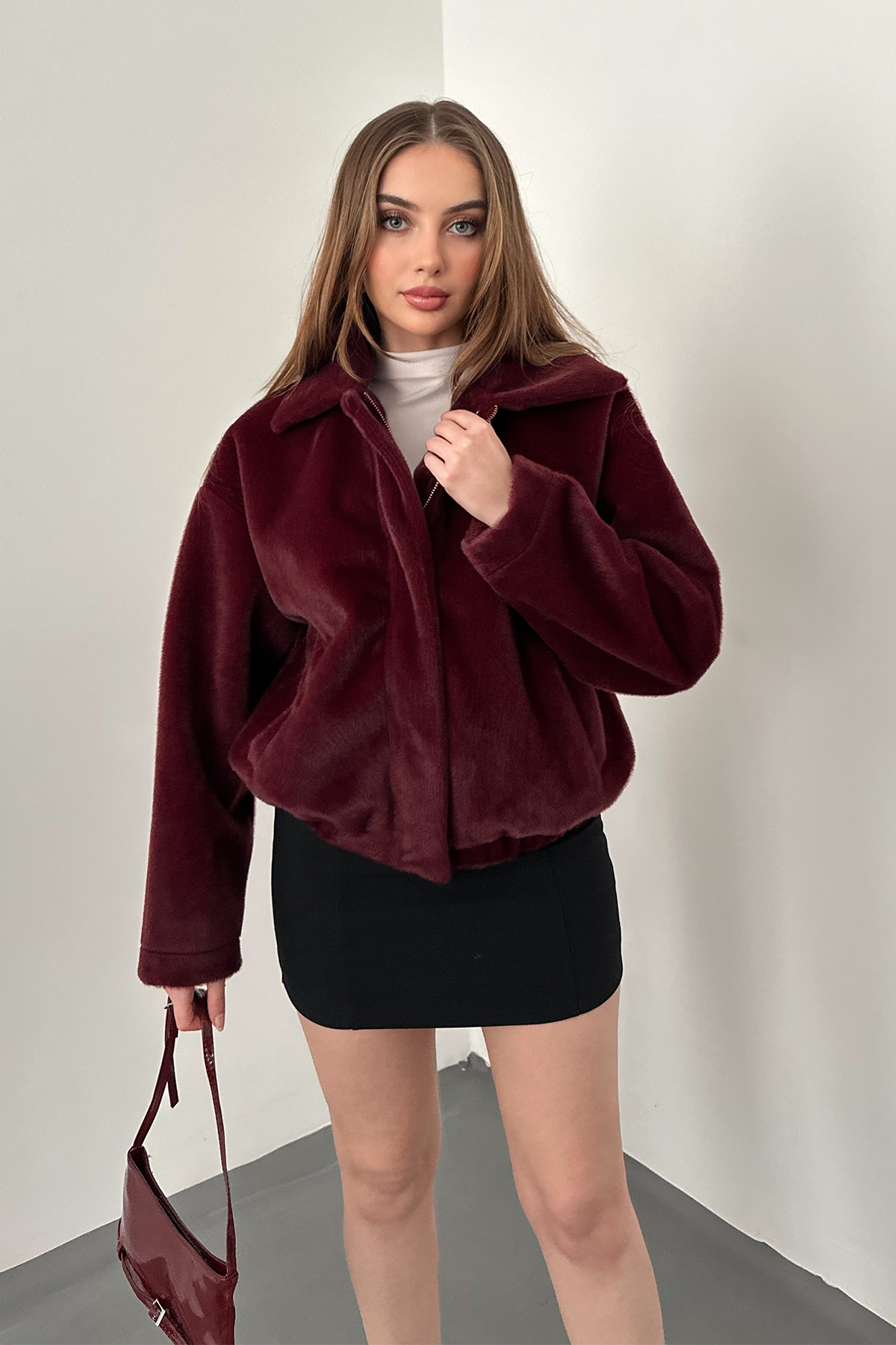 Bordo Cep Detaylı Tüylü Bomber Ceket