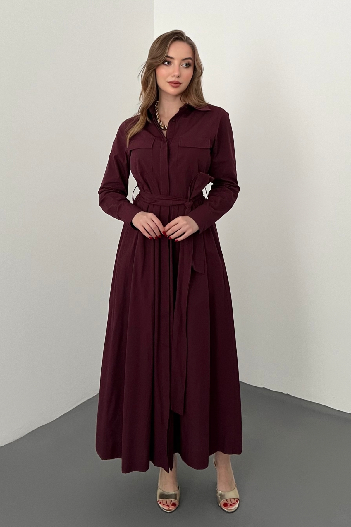 Bordo Düğmeli Poplin Elbise