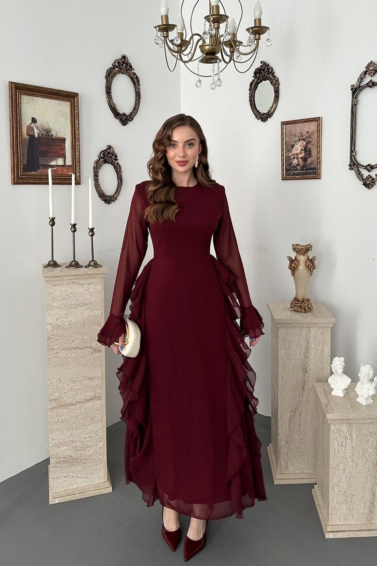Bordo Volanlı Şifon Elbise