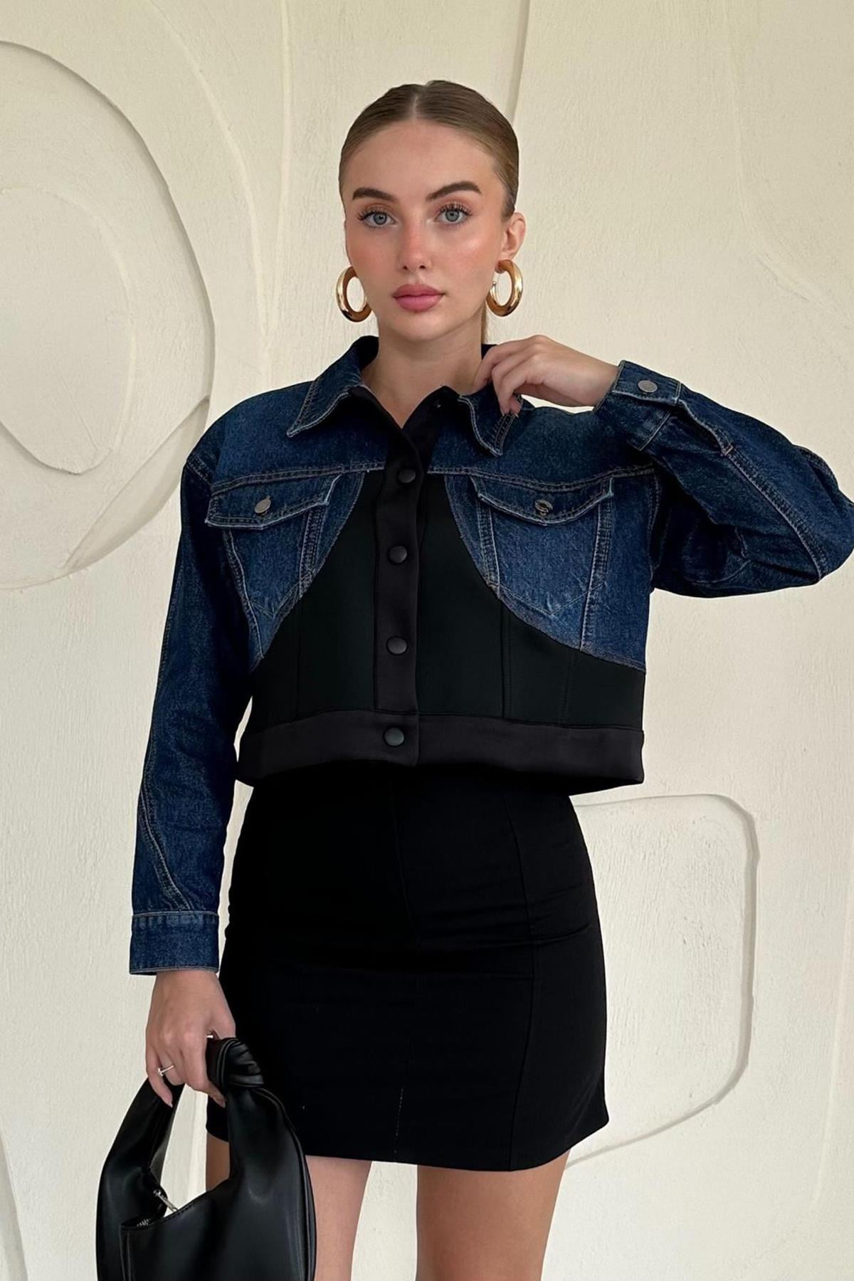 Denim Scuba Garnili Ceket - Siyah