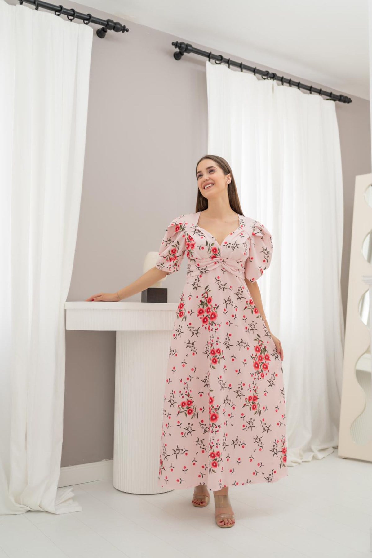 ELBEE Bel Detaylı V Yaka Elbise - Pembe