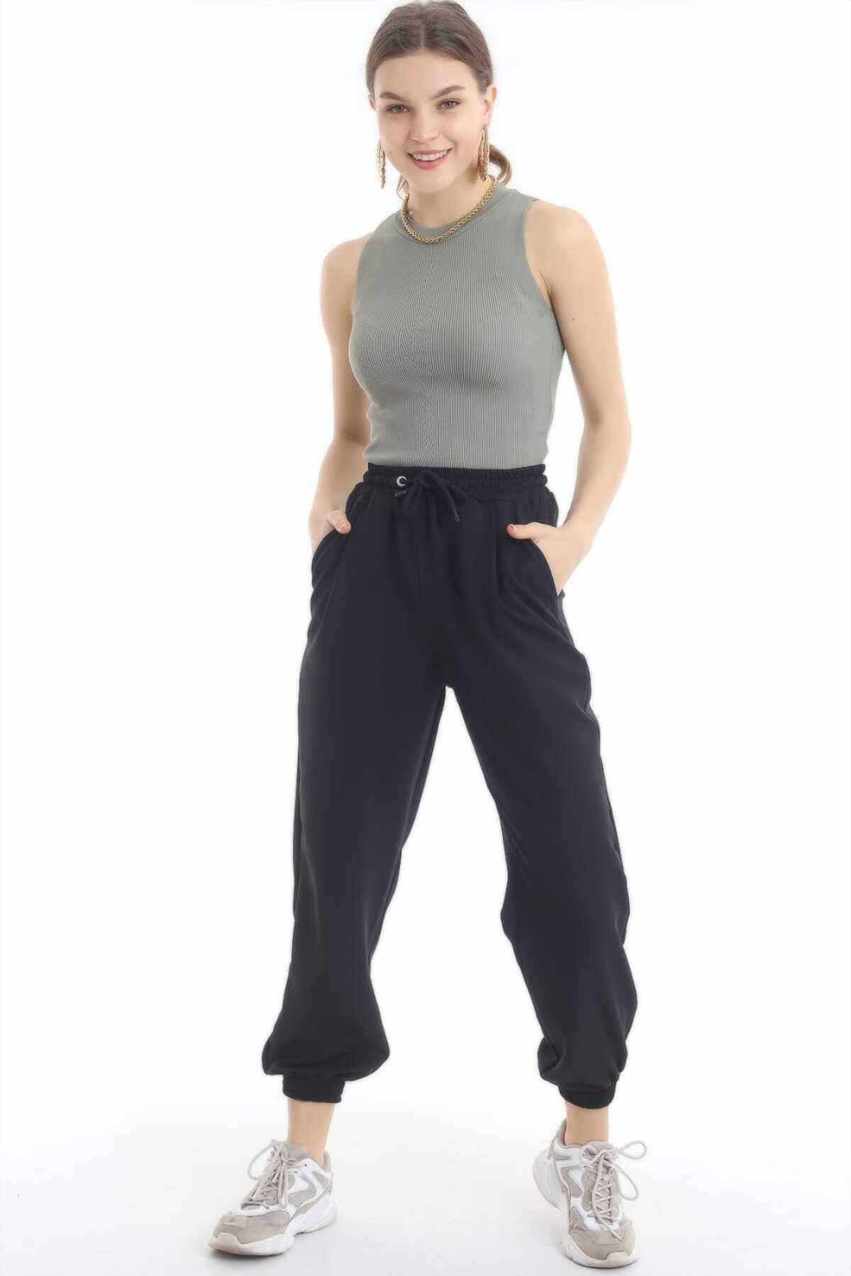 ELBEE Bel ve Paça Lastik Detay Kumaş Pantolon - Siyah