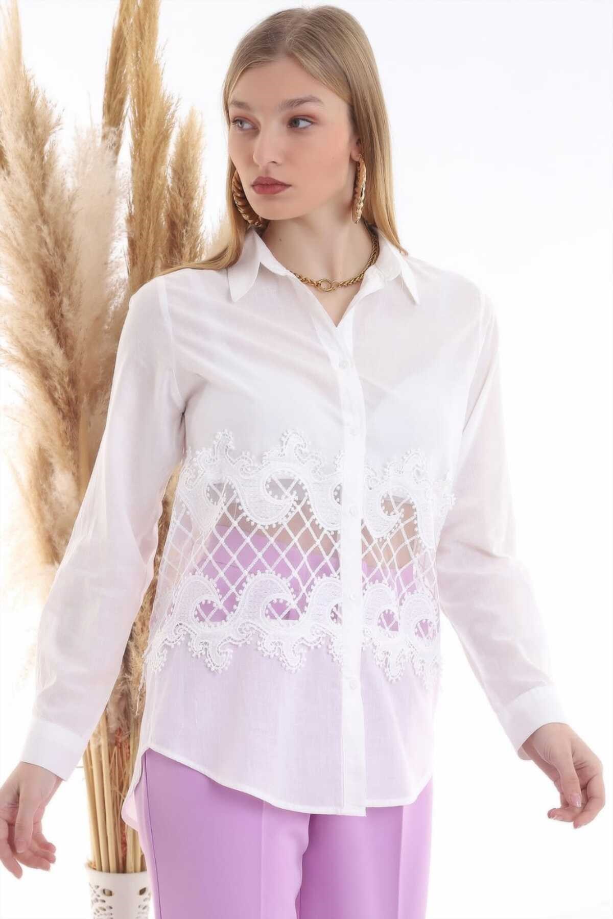 ELBEE Beli Dantelli Oxford Gömlek - Beyaz