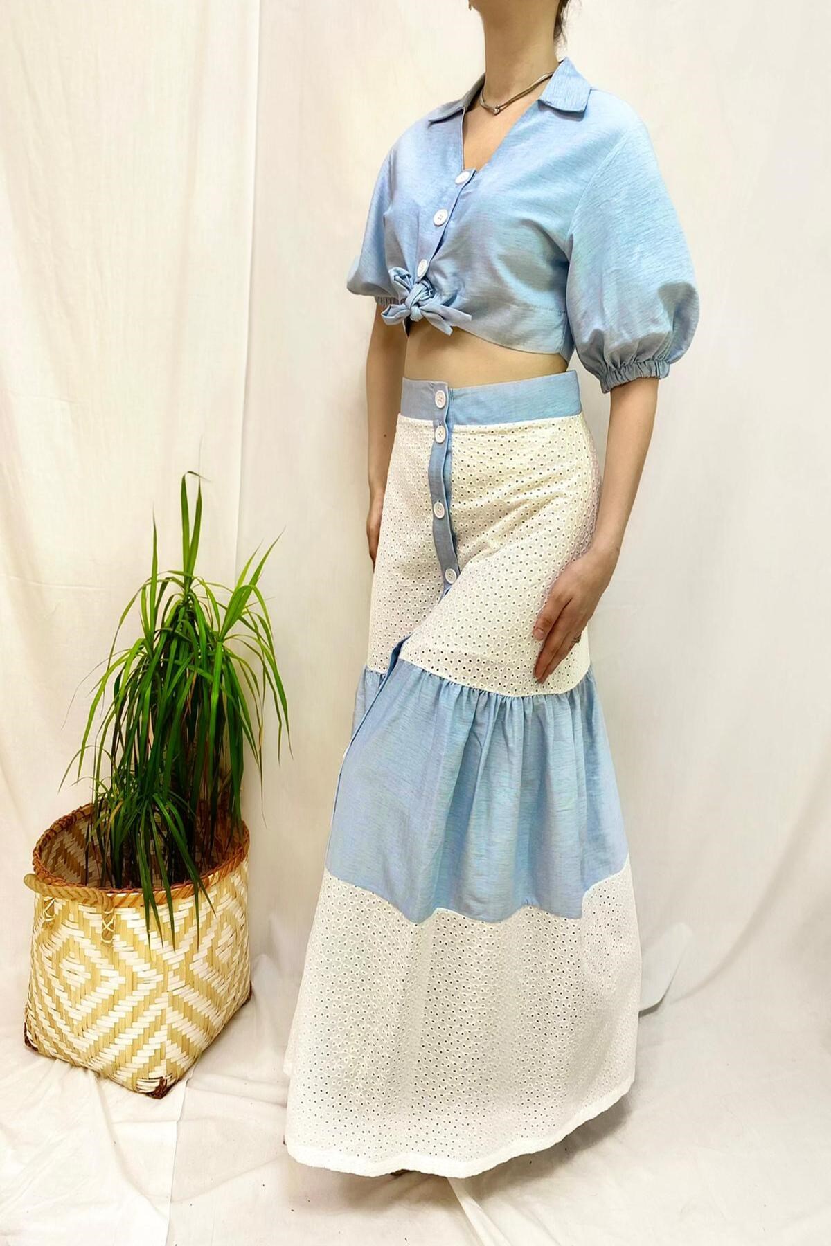 ELBEE Bluz ve Etek Takım - Mavi