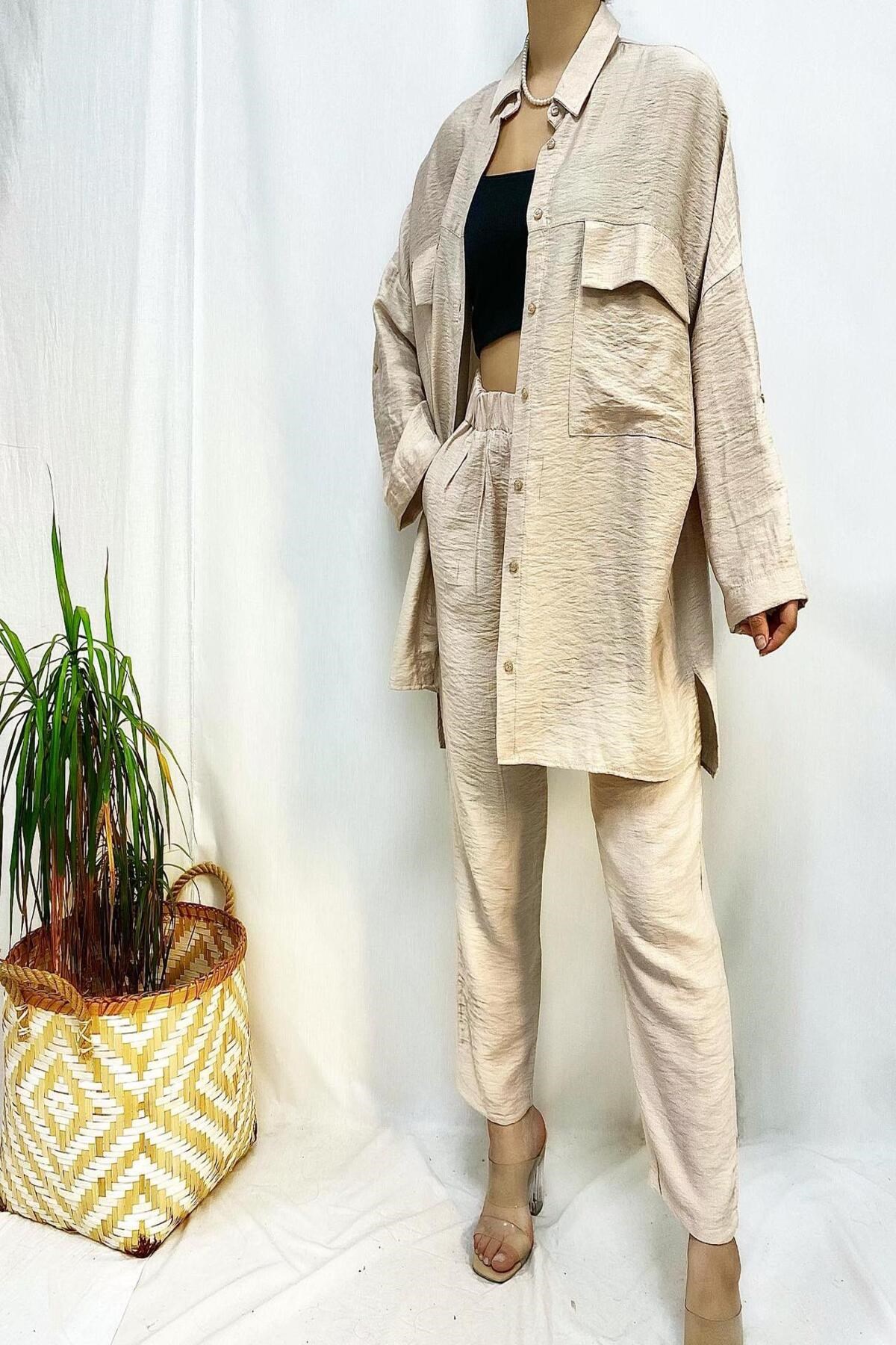 ELBEE Cep Detaylı Gömlek ve Pantolon Takım - Bej