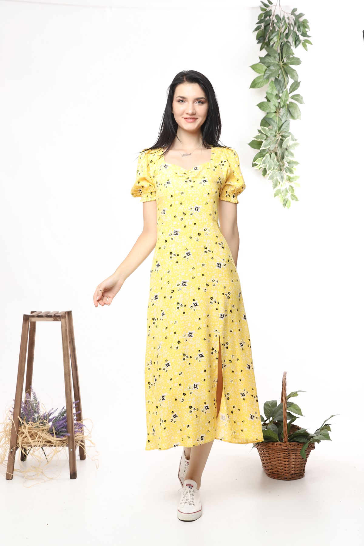 ELBEE Çiçek Desenli Yırtmaçlı Elbise - Sarı