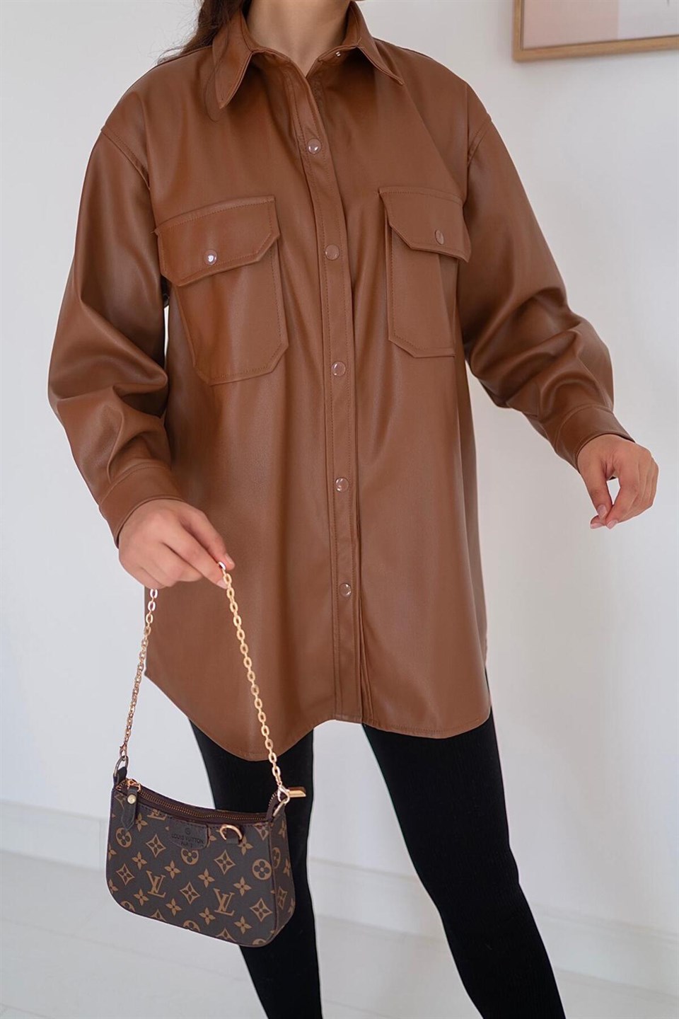 Elbee Çıt-Çıtlı Deri Kadın Gömlek - Taba